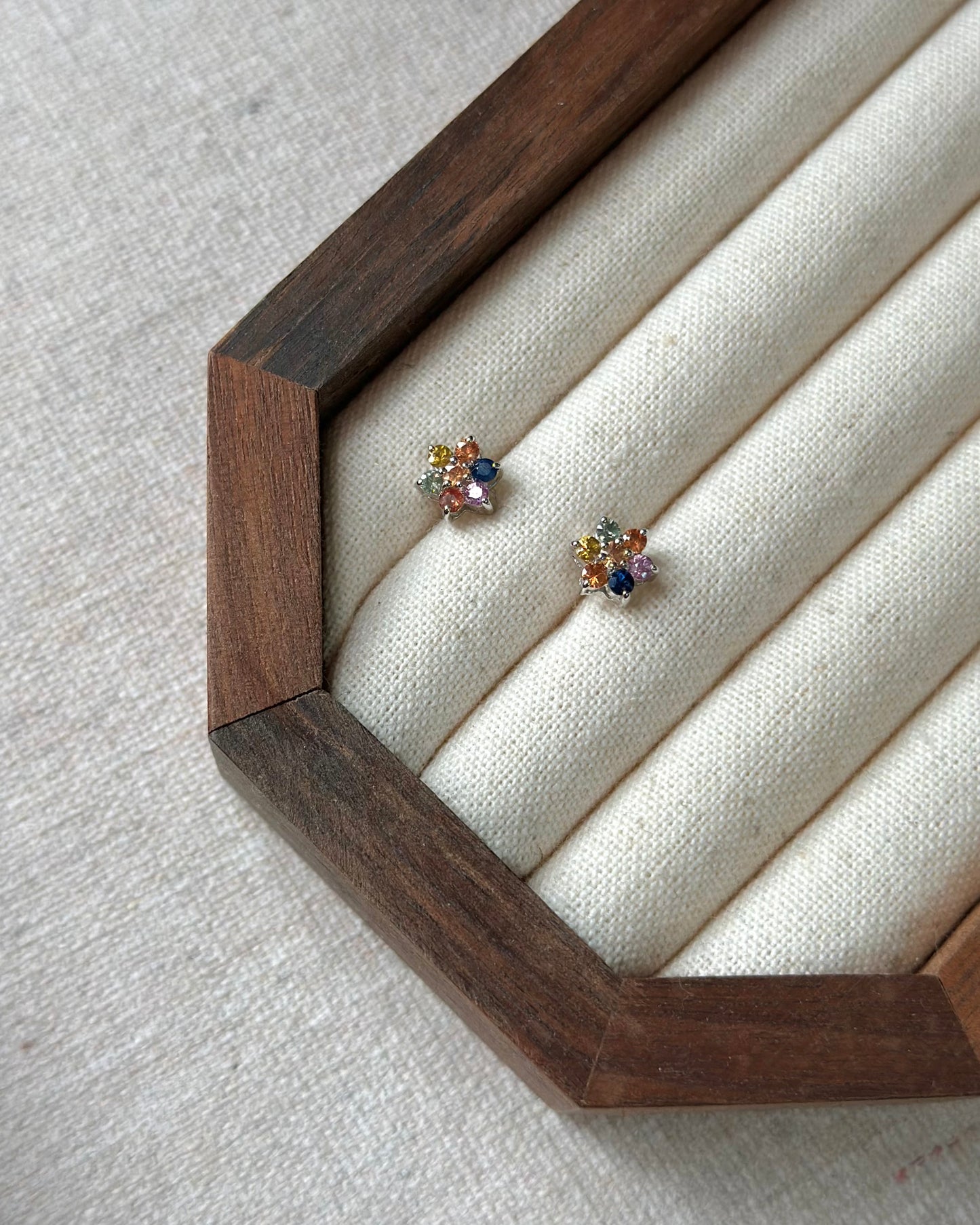Multi Sapphire Flower Sterling Silver Ear Stud