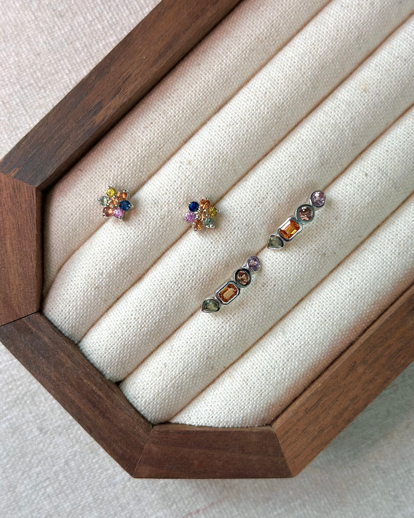 Multi Sapphire Flower Sterling Silver Ear Stud