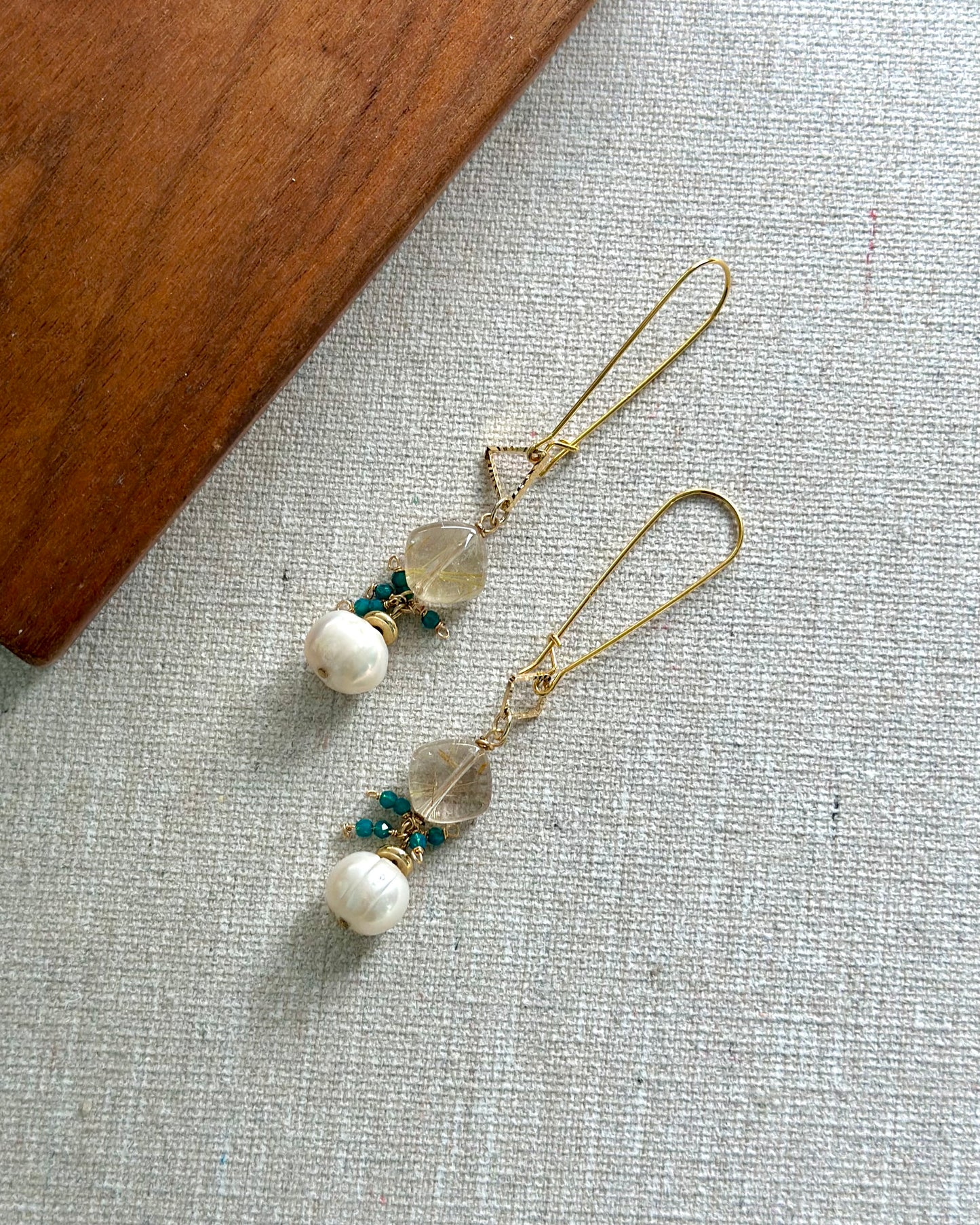 Golden Rutilated Quartz & Freshwater Pearl Gold-plated Earring