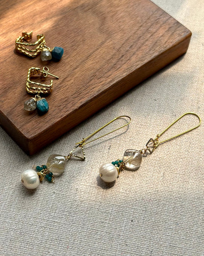Golden Rutilated Quartz & Freshwater Pearl Gold-plated Earring