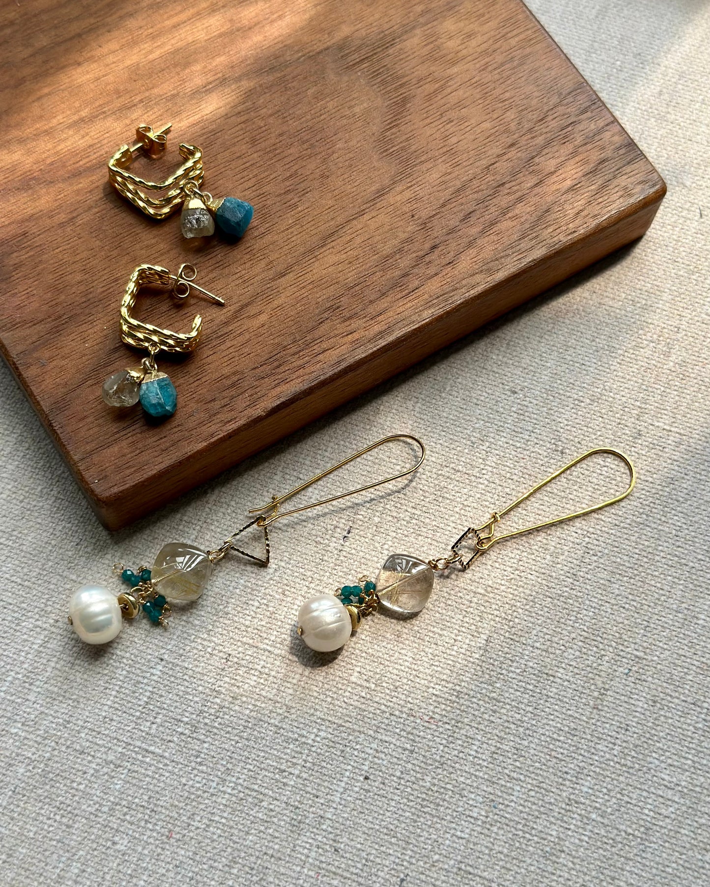 Golden Rutilated Quartz & Freshwater Pearl Gold-plated Earring
