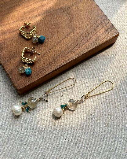 Golden Rutilated Quartz & Freshwater Pearl Gold-plated Earring
