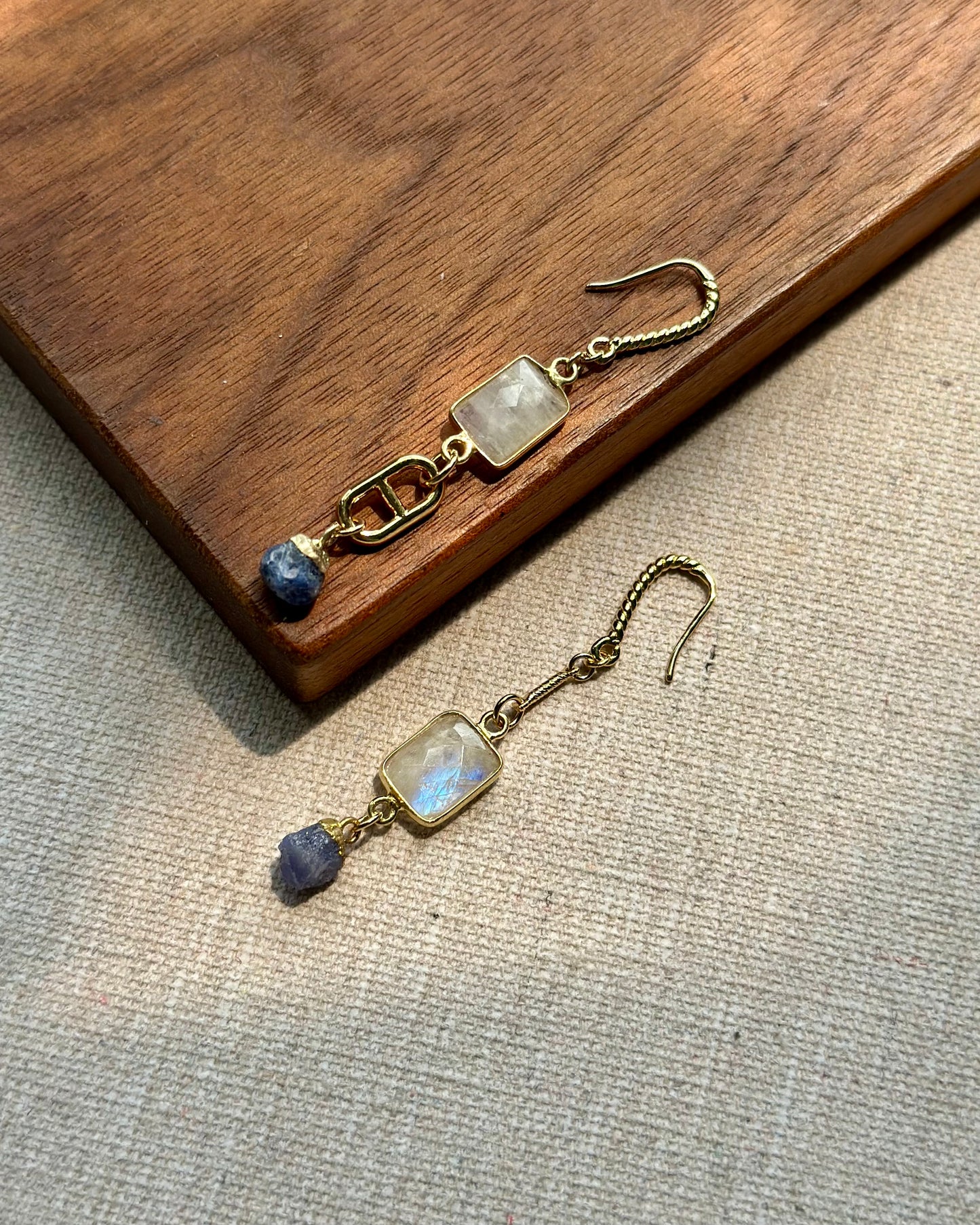 Moonstone And Sapphire Raw Stone Gold-plated Earring