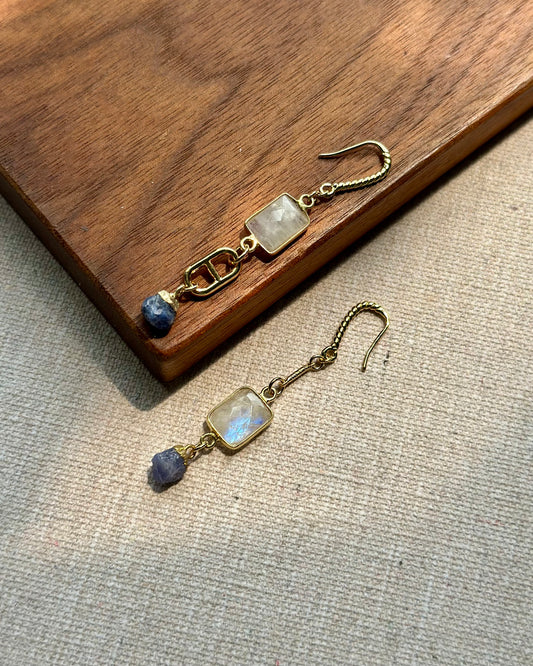 Moonstone And Sapphire Raw Stone Gold-plated Earring