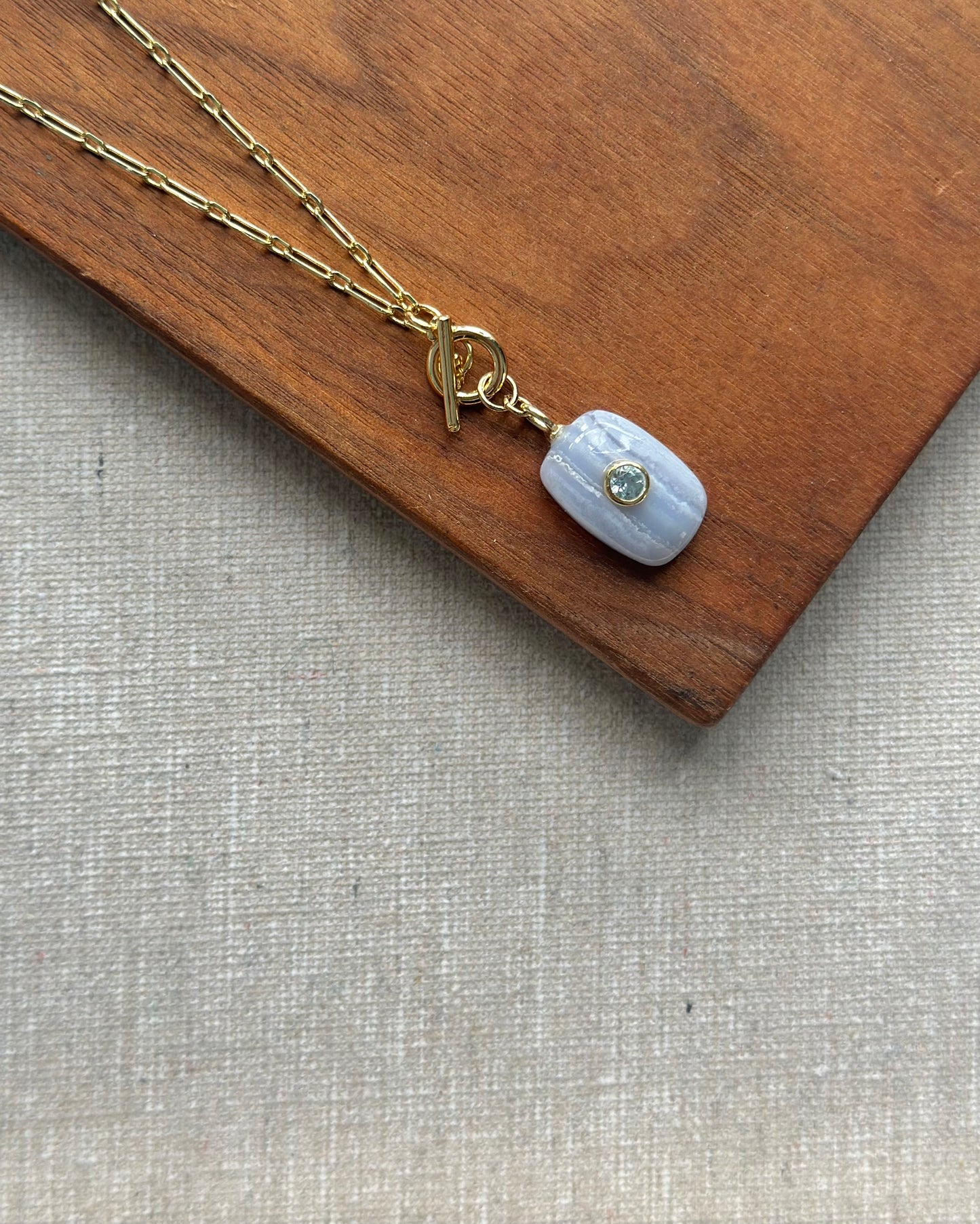 Blue Lace Agate And Topaz Front Hoop Toggle Long Gold-plated Necklace