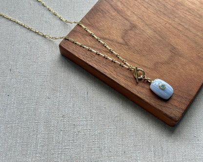Blue Lace Agate And Topaz Front Hoop Toggle Long Gold-plated Necklace
