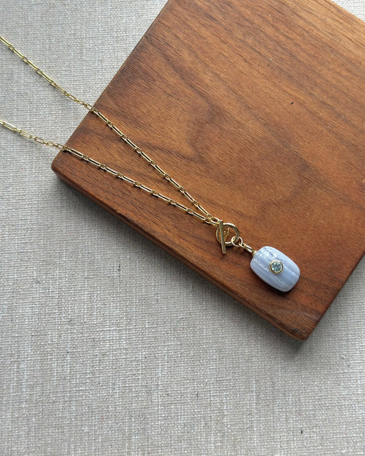 Blue Lace Agate And Topaz Front Hoop Toggle Long Gold-plated Necklace