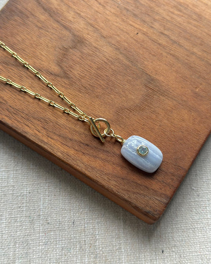 Blue Lace Agate And Topaz Front Hoop Toggle Long Gold-plated Necklace
