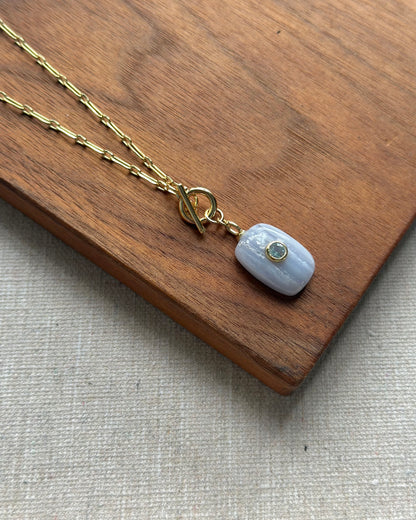 Blue Lace Agate And Topaz Front Hoop Toggle Long Gold-plated Necklace