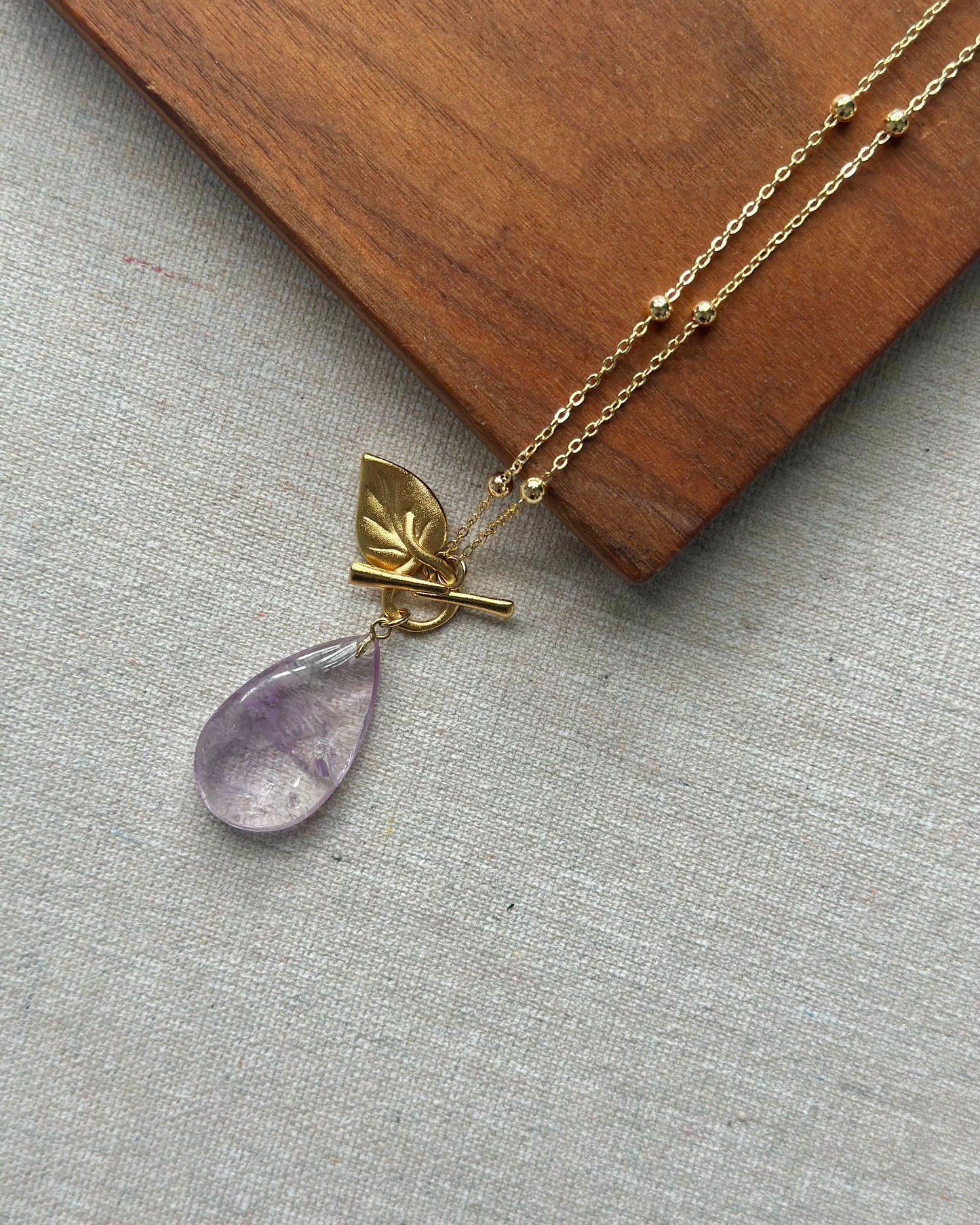 Amethyst And Leave Front Hoop Toggle Long Gold-plated Necklace