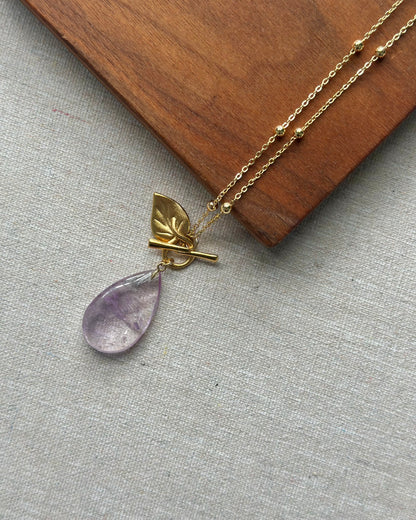 Amethyst And Leave Front Hoop Toggle Long Gold-plated Necklace