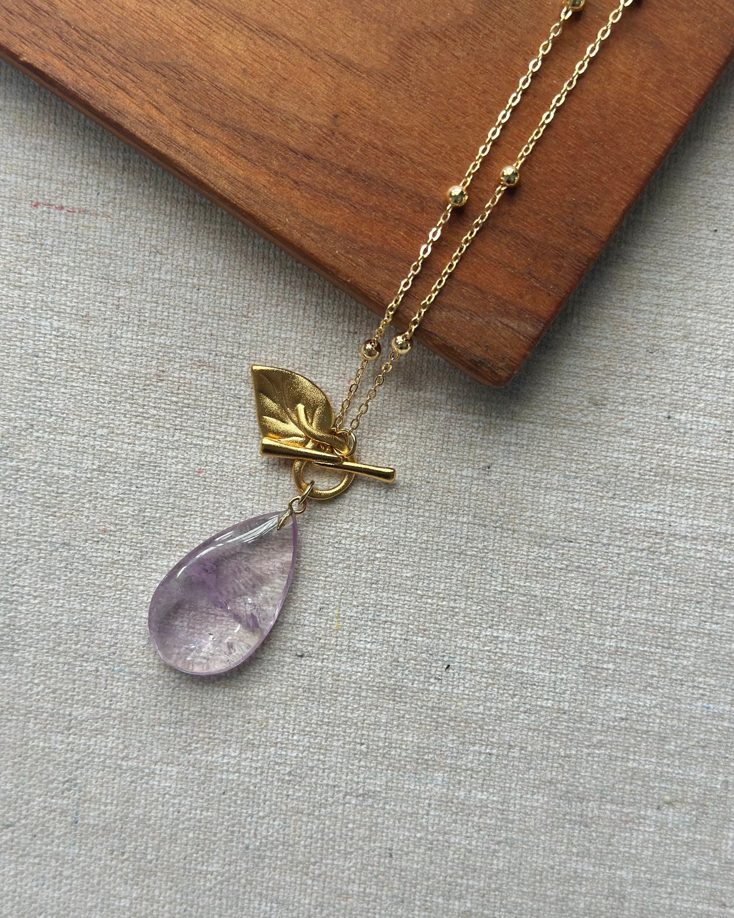 Amethyst And Leave Front Hoop Toggle Long Gold-plated Necklace