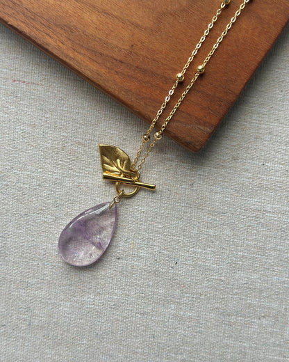Amethyst And Leave Front Hoop Toggle Long Gold-plated Necklace