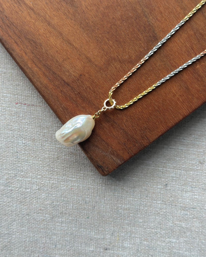 Baroque Pearl Pendant Triple Tone Sterling Silver Necklace