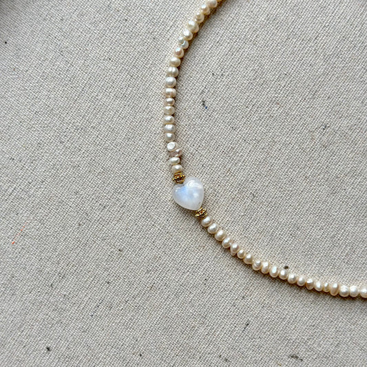 Freshwater Pearl Beaded And Moonstone Heart Necklace