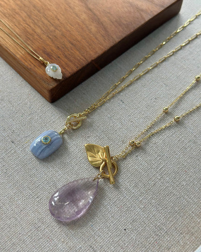 Amethyst And Leave Front Hoop Toggle Long Gold-plated Necklace