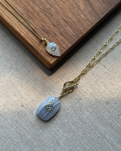 Blue Lace Agate And Topaz Front Hoop Toggle Long Gold-plated Necklace