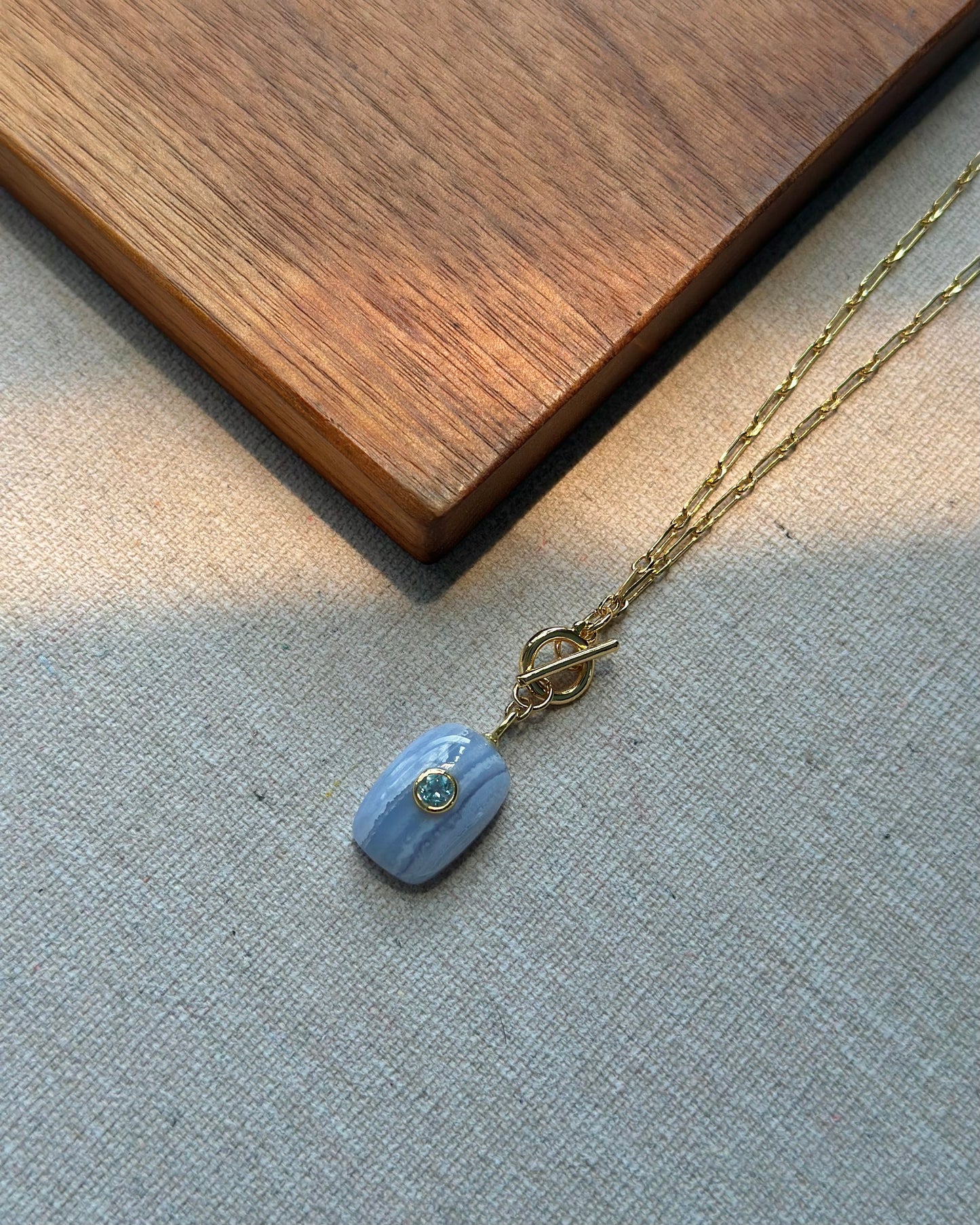 Blue Lace Agate And Topaz Front Hoop Toggle Long Gold-plated Necklace
