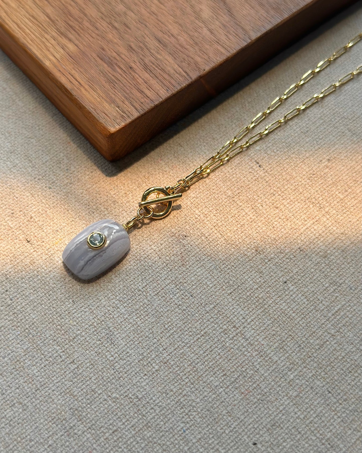 Blue Lace Agate And Topaz Front Hoop Toggle Long Gold-plated Necklace