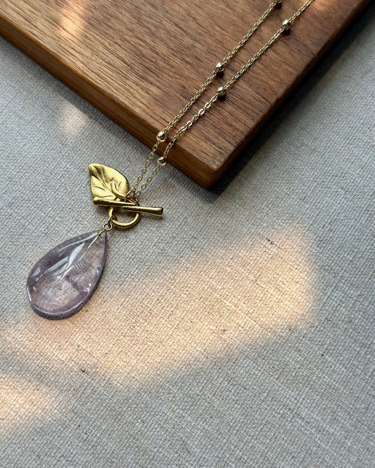 Amethyst And Leave Front Hoop Toggle Long Gold-plated Necklace