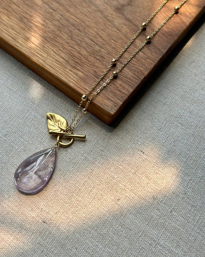 Amethyst And Leave Front Hoop Toggle Long Gold-plated Necklace