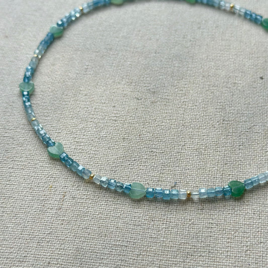 Aquamarine And Green Amethyst Heart Beaded Necklace