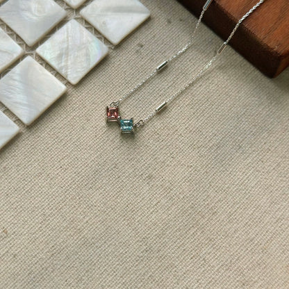 Pink Tourmaline And Topaz Square Cut Sterling Silver Necklace