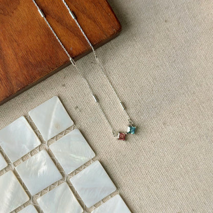 Pink Tourmaline And Topaz Square Cut Sterling Silver Necklace