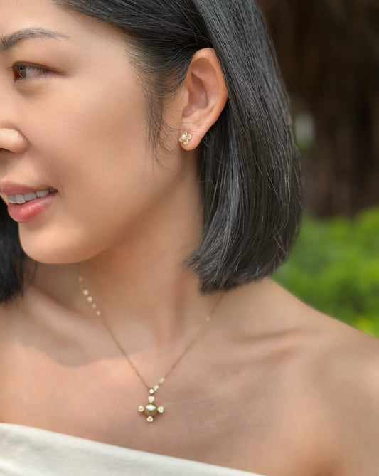 10K Solid Gold Japan Akoya Pearl And Opal Ear Stud