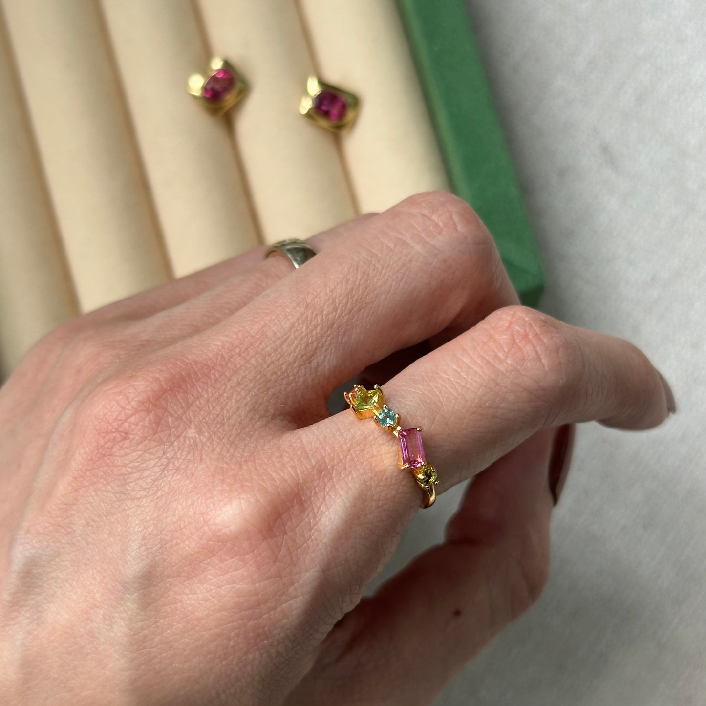 CHRISTMAS SET (2 ITEMS) Pink Topaz Ear Stud & Tourmaline Ring