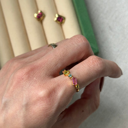 CHRISTMAS SET (2 ITEMS) Pink Topaz Ear Stud & Tourmaline Ring