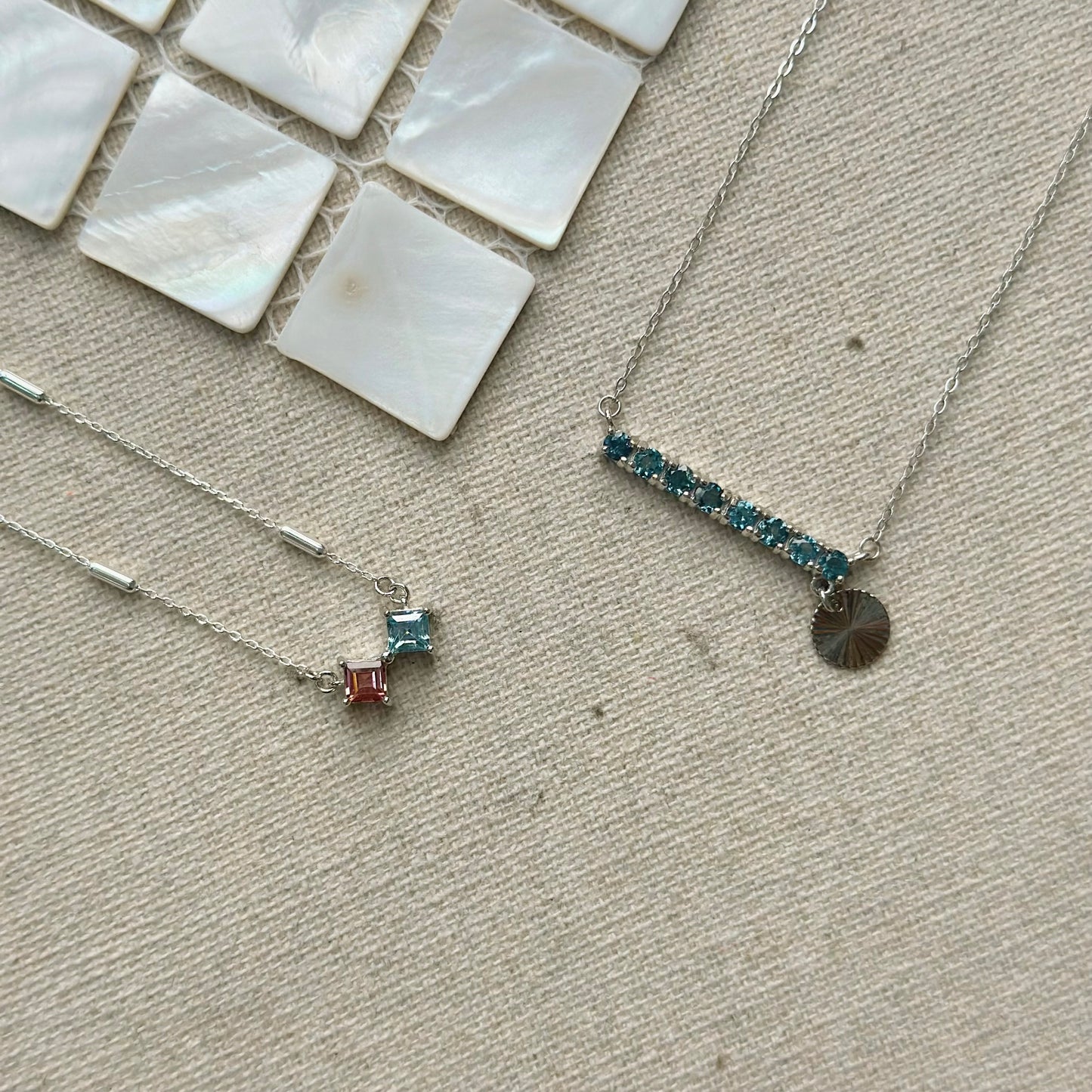 Pink Tourmaline And Topaz Square Cut Sterling Silver Necklace