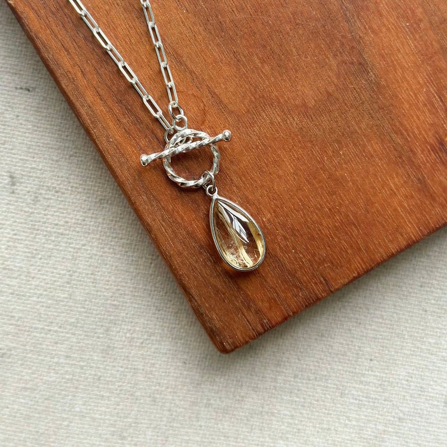 Golden Rutilated Quartz Hoop Toggle Sterling Silver Necklace