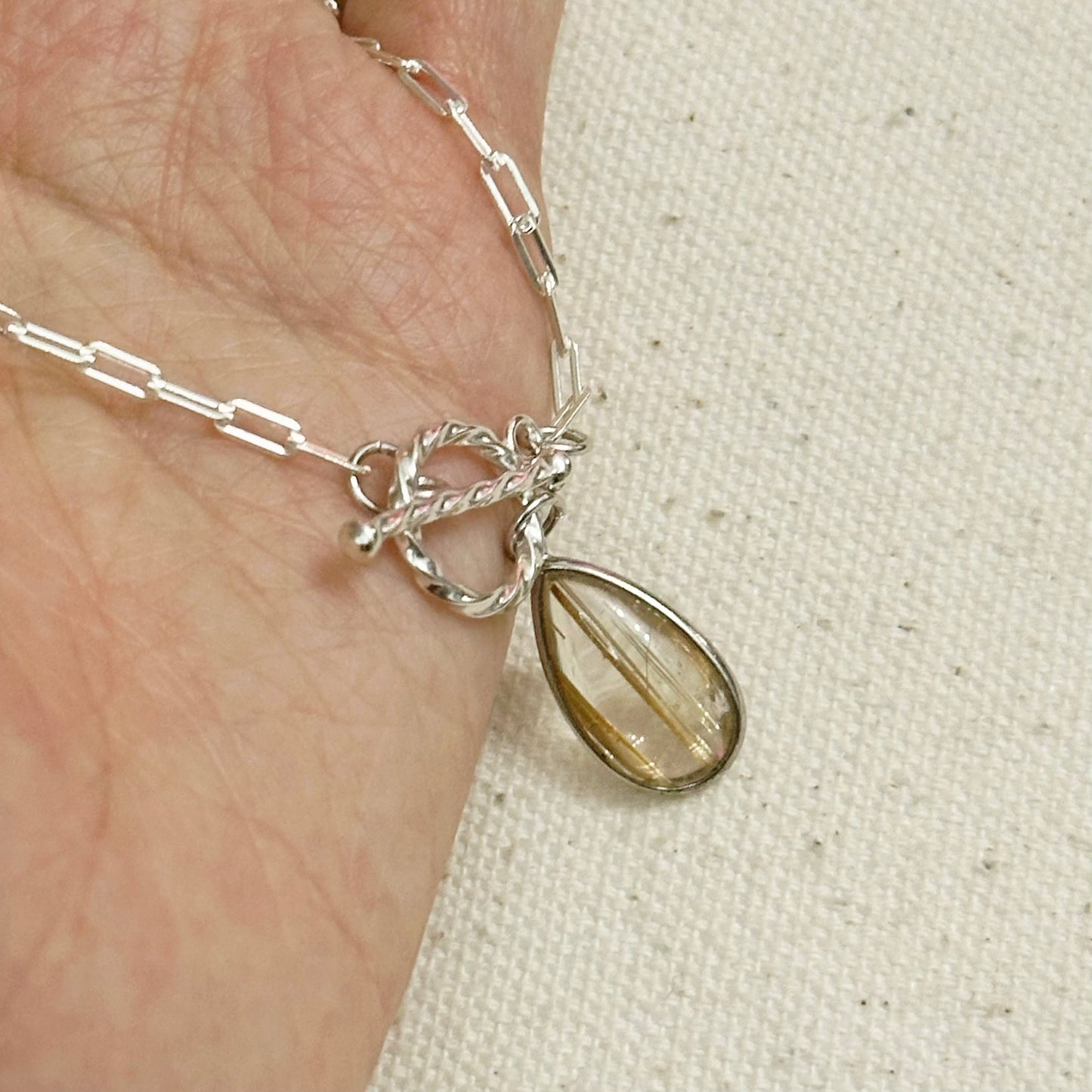 Golden Rutilated Quartz Hoop Toggle Sterling Silver Necklace