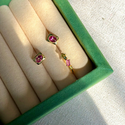 CHRISTMAS SET (2 ITEMS) Pink Topaz Ear Stud & Tourmaline Ring