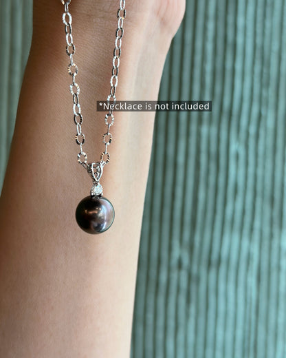 18K White Solid Gold Black Tahiti Pearl And Natural Diamond Pendant