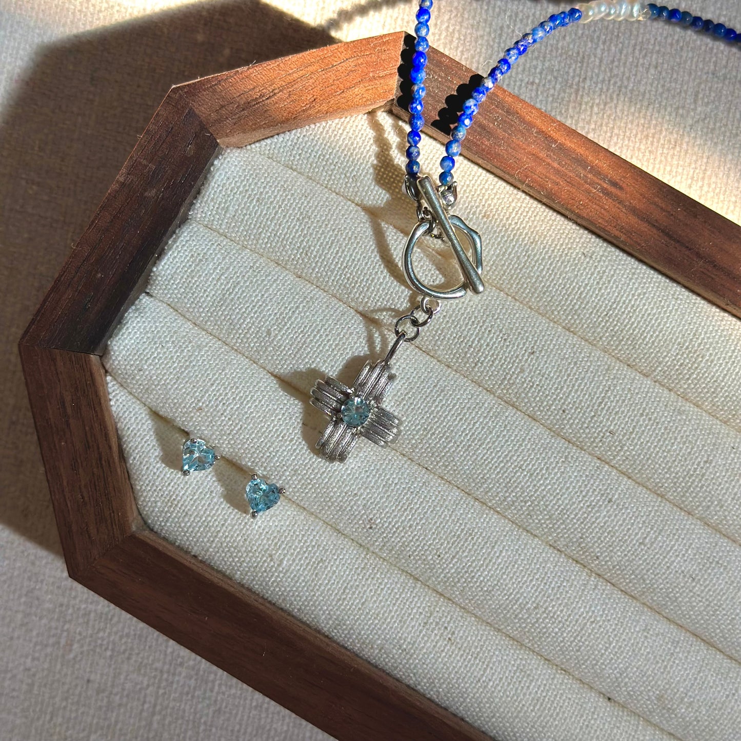 CHRISTMAS SET (2 ITEMS) Aquamarine Mixed Lapis Beaded Necklace & Topaz Ear Stud