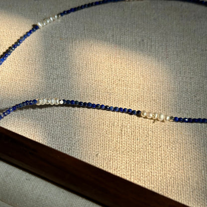 CHRISTMAS SET (2 ITEMS) Aquamarine Mixed Lapis Beaded Necklace & Topaz Ear Stud