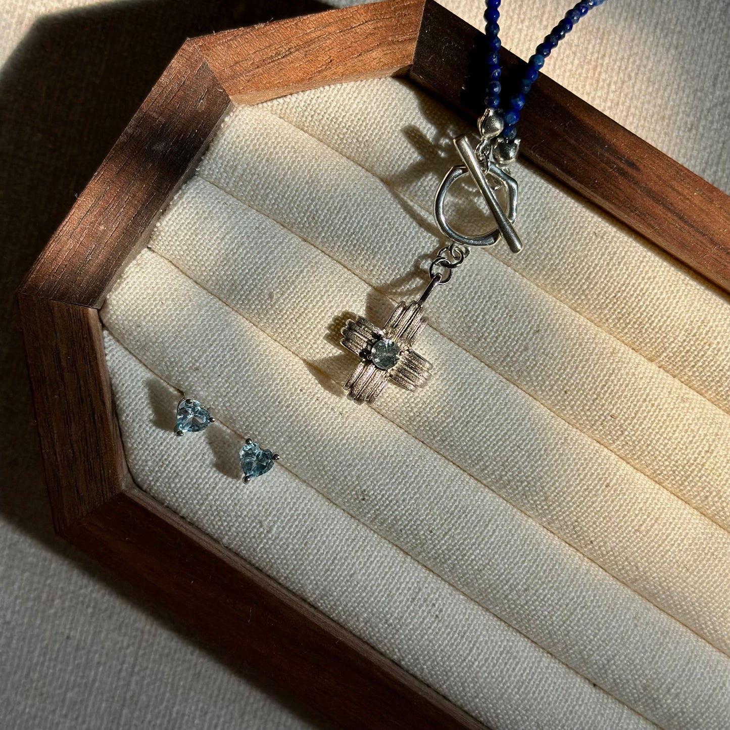 CHRISTMAS SET (2 ITEMS) Aquamarine Mixed Lapis Beaded Necklace & Topaz Ear Stud