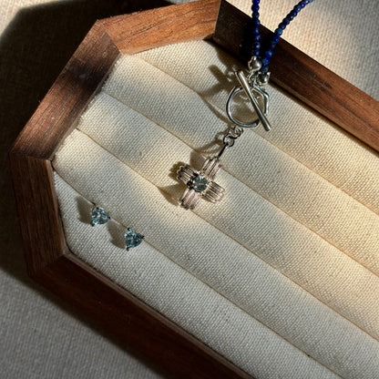 CHRISTMAS SET (2 ITEMS) Aquamarine Mixed Lapis Beaded Necklace & Topaz Ear Stud