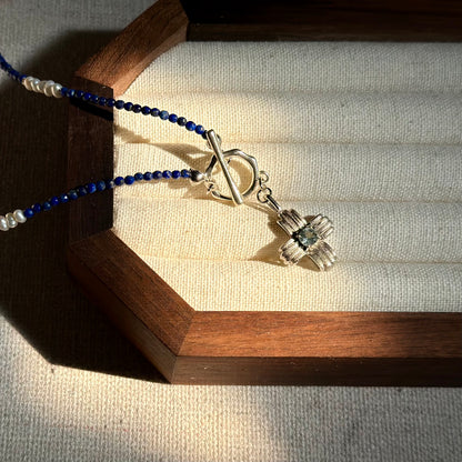 CHRISTMAS SET (2 ITEMS) Aquamarine Mixed Lapis Beaded Necklace & Topaz Ear Stud