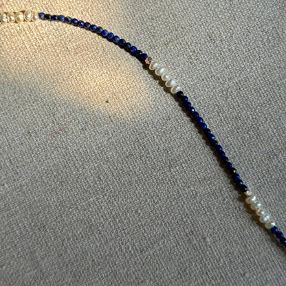 CHRISTMAS SET (2 ITEMS) Aquamarine Mixed Lapis Beaded Necklace & Topaz Ear Stud