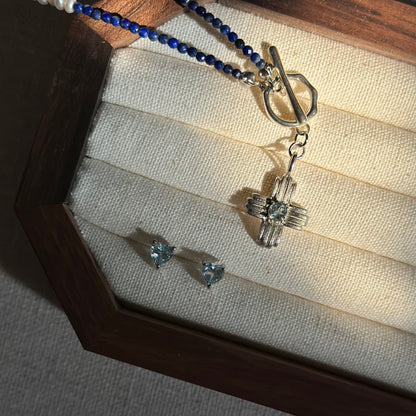 CHRISTMAS SET (2 ITEMS) Aquamarine Mixed Lapis Beaded Necklace & Topaz Ear Stud