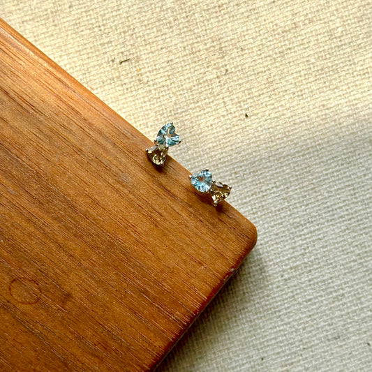 Green Tourmaline And Aqumarine Hearts Sterling Siver Stud