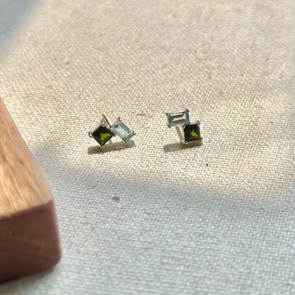 Aquamarine And Green Tourmaline Sterling Silver Stud