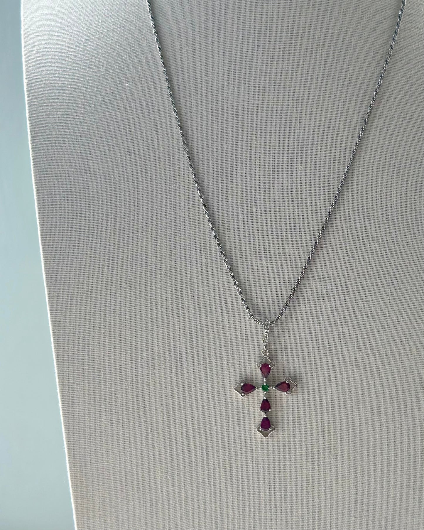 Garnet And Diopside Cross Sterling Silver Pendant