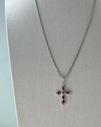Garnet And Diopside Cross Sterling Silver Pendant