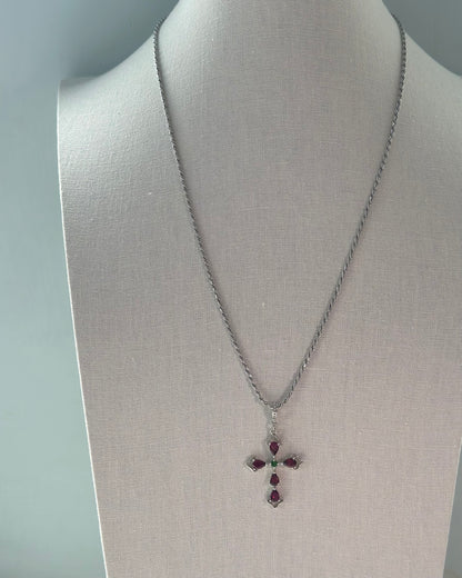 Garnet And Diopside Cross Sterling Silver Pendant