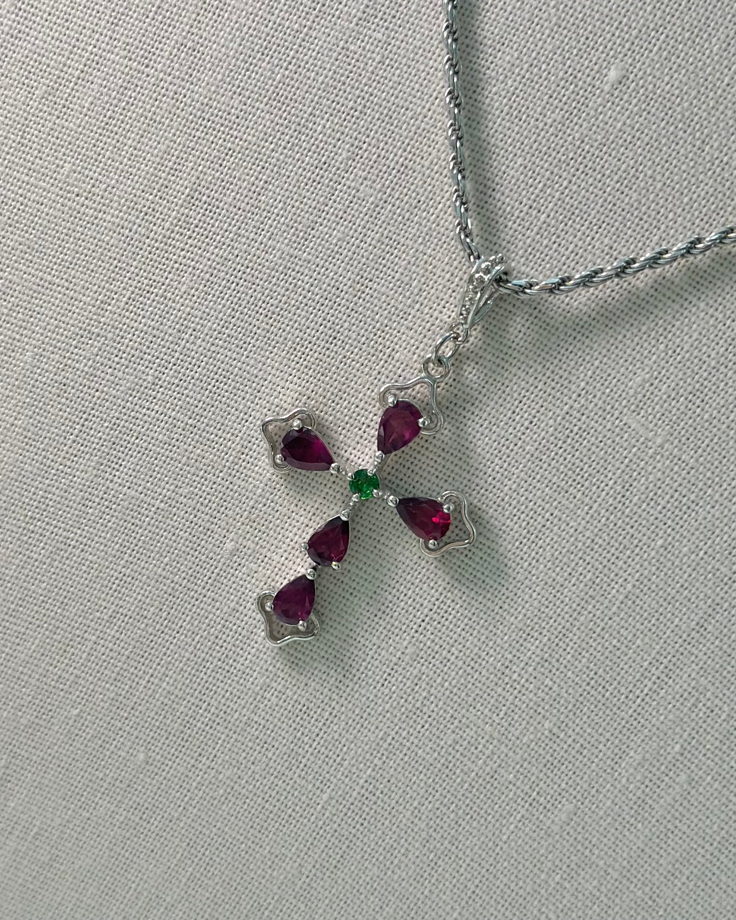 Garnet And Diopside Cross Sterling Silver Pendant