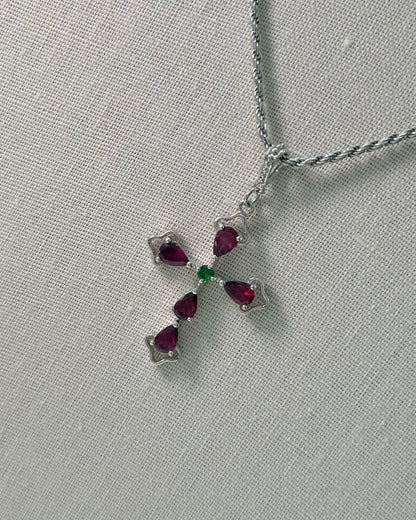 Garnet And Diopside Cross Sterling Silver Pendant